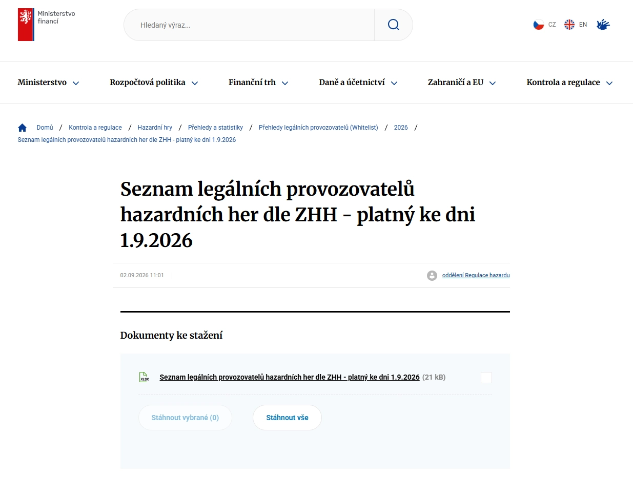 Aktuální stránka Ministerstva financí ČR se seznamem legálních provozovatelů hazardních her pro rok 2026