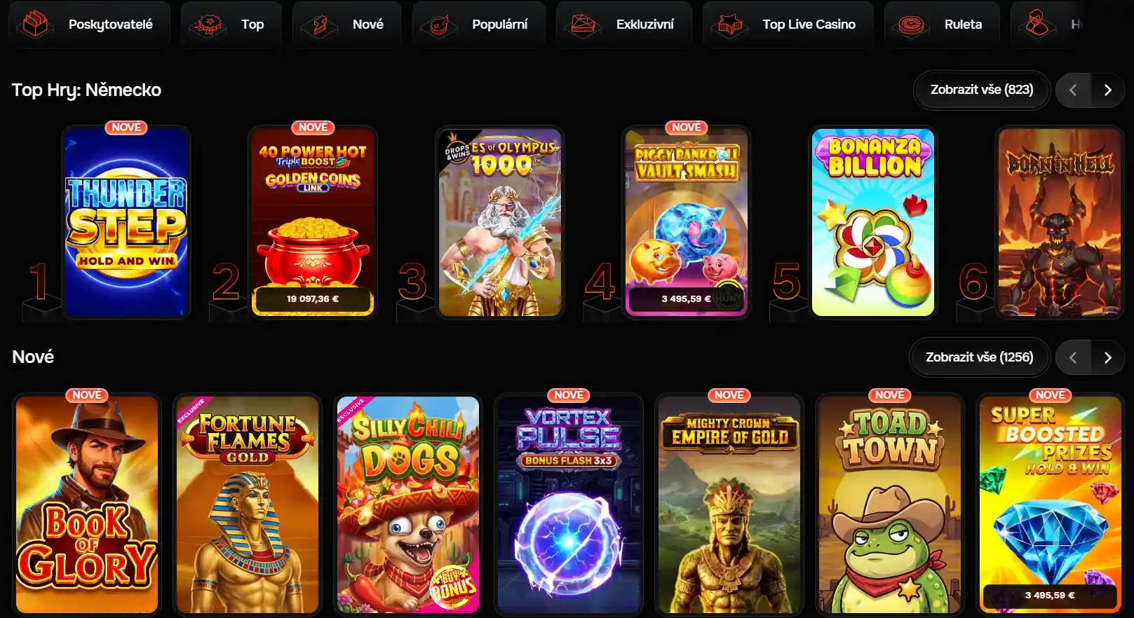 Aktuální český katalog RevolutionCasino s viditelnými kategoriemi her