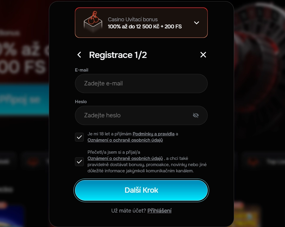 Aktuální české registrační nebo ověřovací rozhraní RevolutionCasino