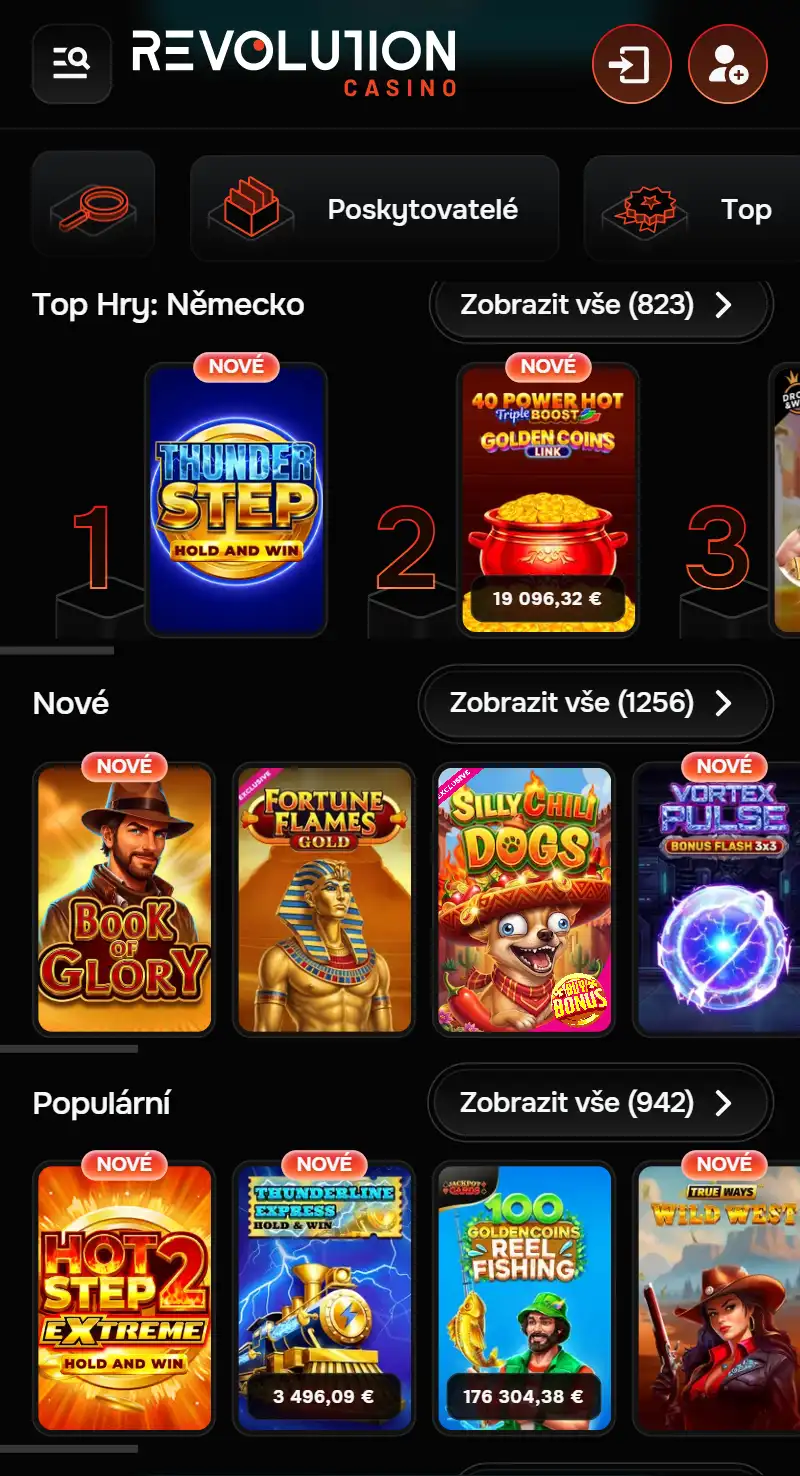 Mobilní zobrazení české verze webu RevolutionCasino v prohlížeči