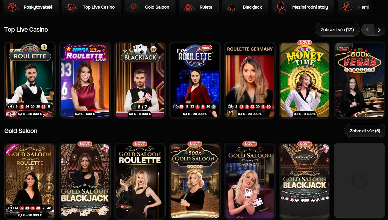 Aktuální live-casino lobby RevolutionCasino s kategoriemi živých her