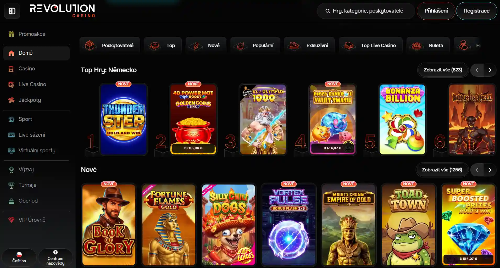 Česká hlavní stránka RevolutionCasino s viditelnou českou lokalizací